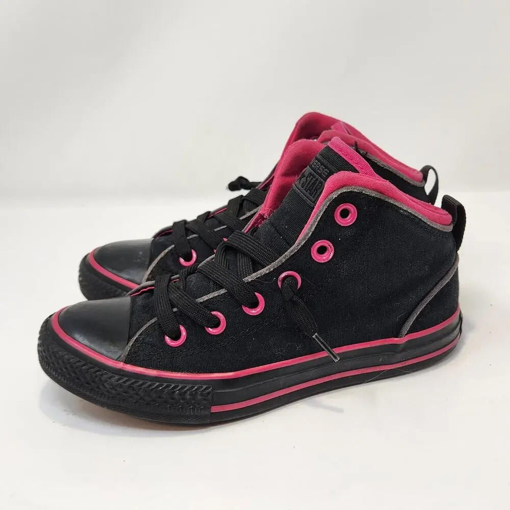 Converse All Star Girls Junior Black Hot Pink Mid Top Sneakers Size 2 Lace Up